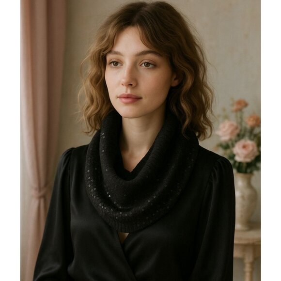 Calvin Klein Black Sequin Knit Loop Scarf Collar Elegant Accessory Evening Glam - Picture 9 of 14